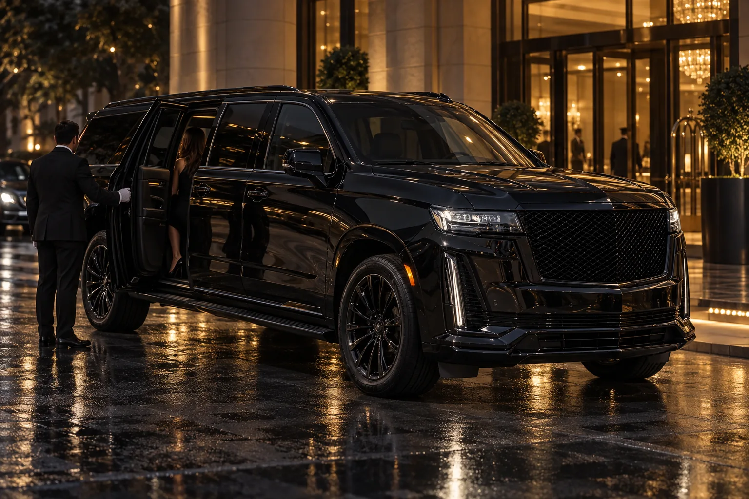 A chauffeured black Escalade