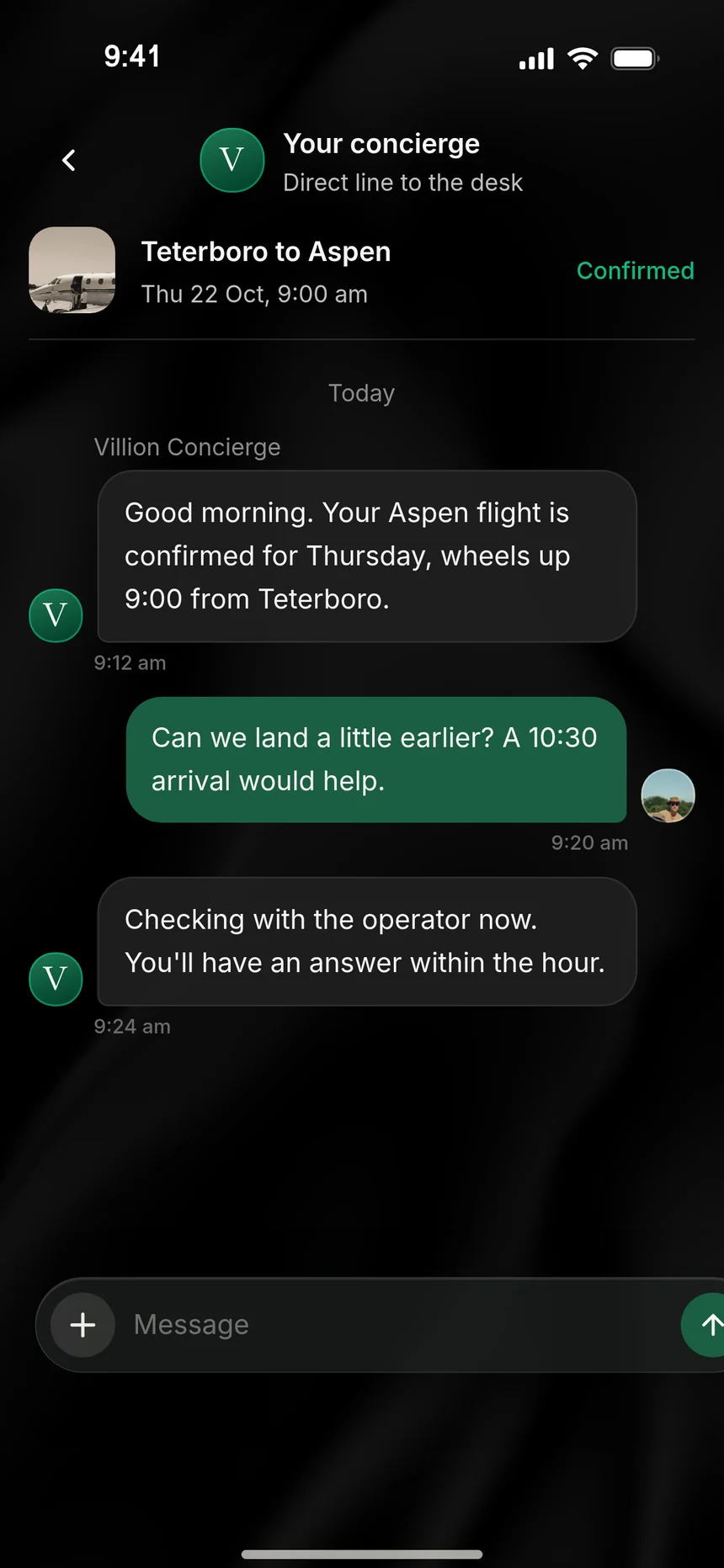 The concierge thread in the app