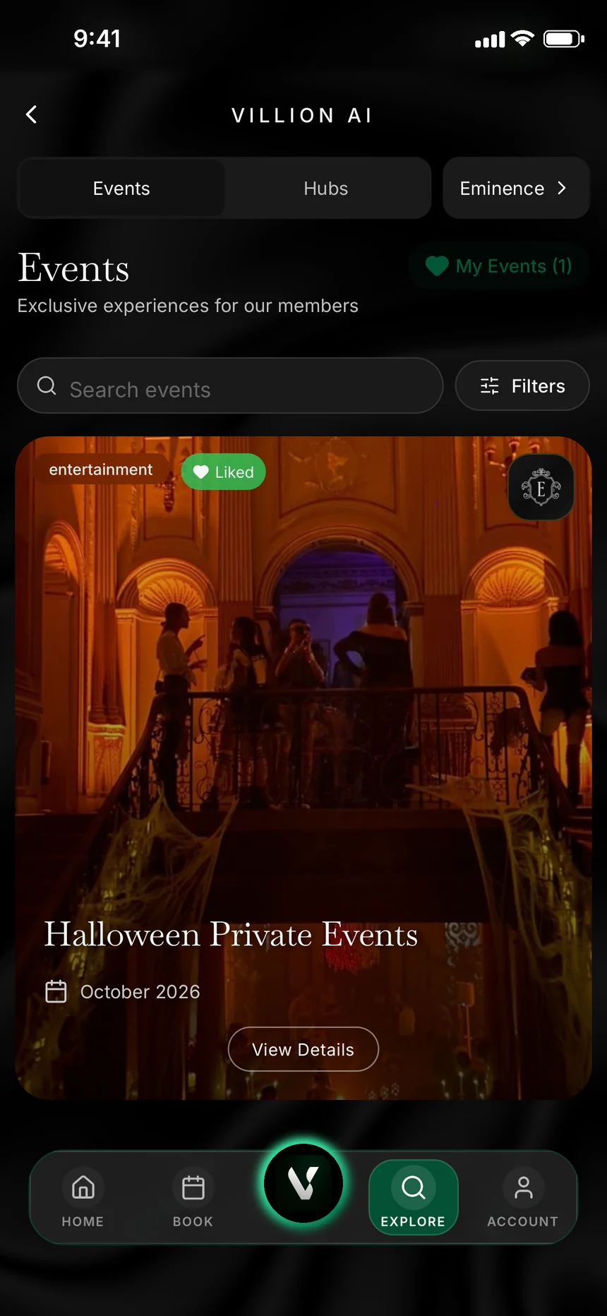 Villion AI Events screen