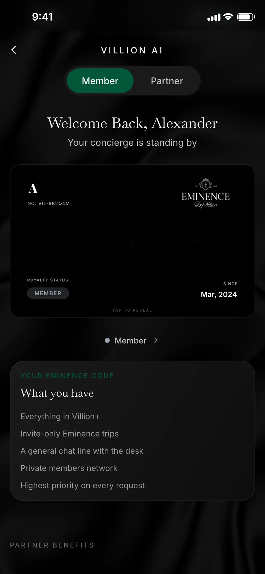 The Eminence card on the app's home screen