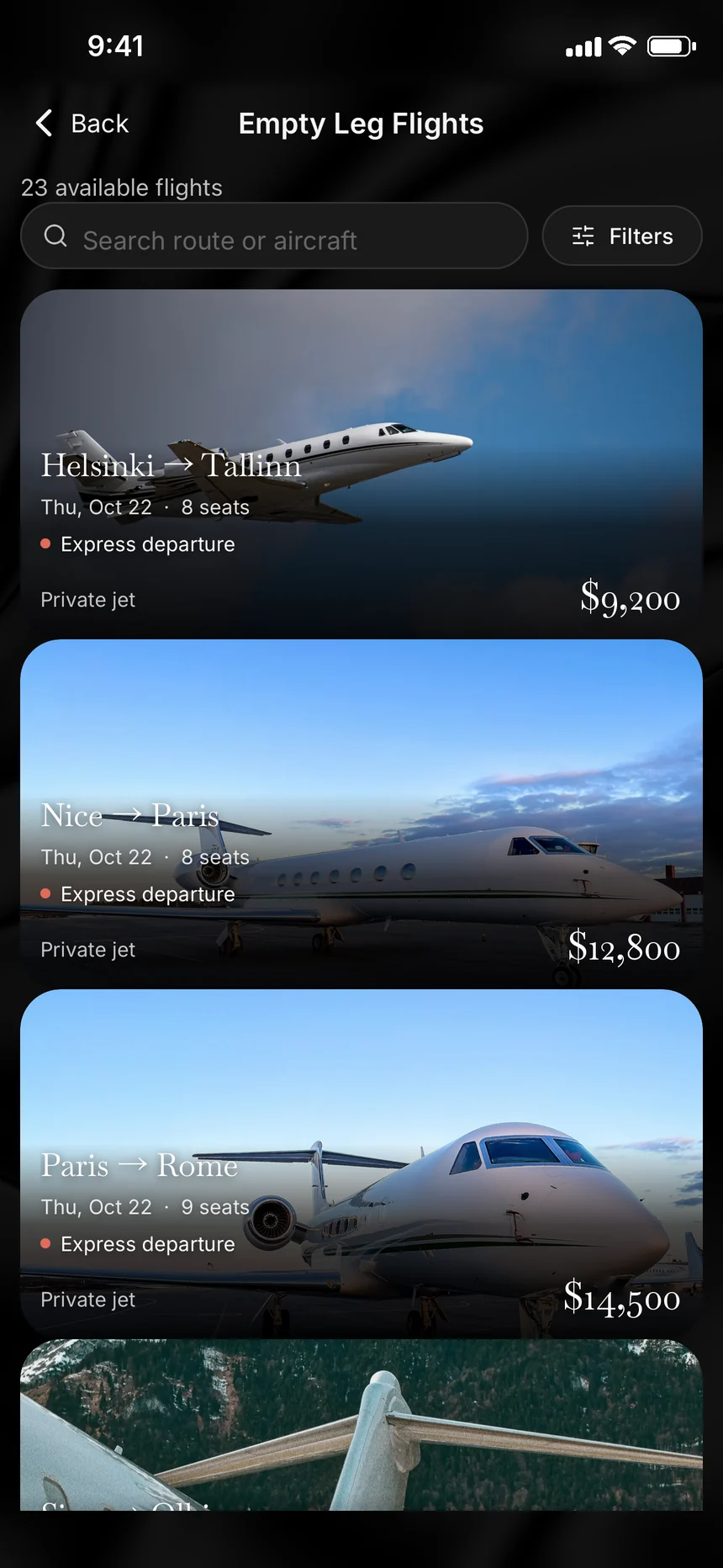 Villion AI Empty Leg Flights screen